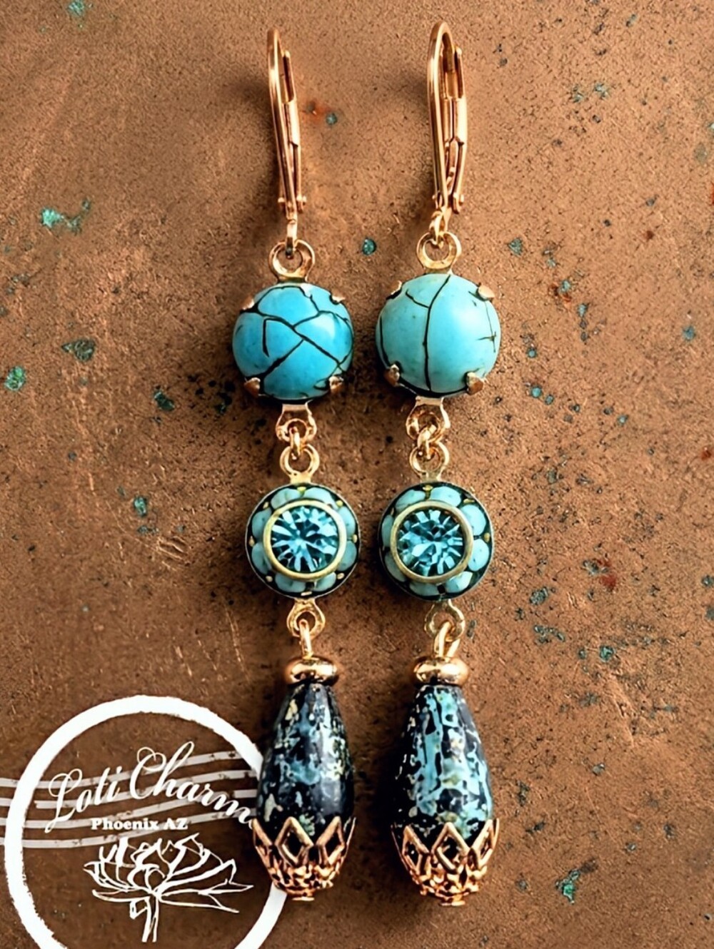 Victorian Natural Blue Turquoise W/ Flower Crystal In 18k Gold Plated Earrings